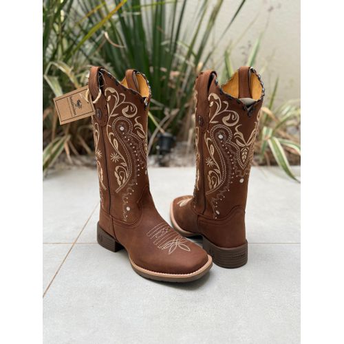BOTA TEXANA EM COURO MARROM BORDADO TRIBAL BEGE CO... - Botas Texanas Bruto