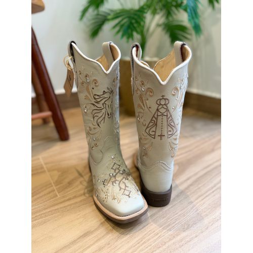 BOTA TEXANA EM COURO OFF WHITE BORDADO CAVALO + NO... - Botas Texanas Bruto