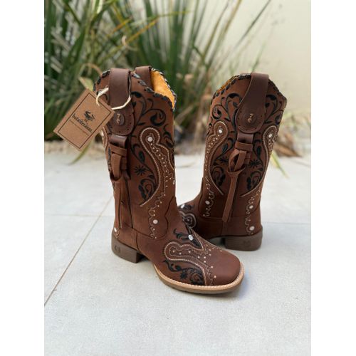 BOTA TEXANA EM COURO MARROM BORDADO TRIBAL COM TRI... - Botas Texanas Bruto