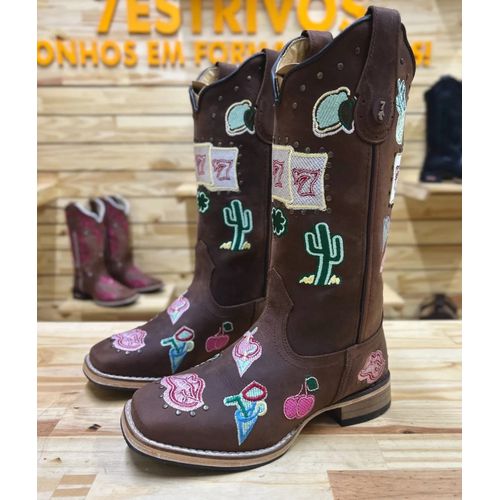 BOTA TEXANA EM COURO BORDADO SIMBOLOS - COPA - FLA... - Botas Texanas Bruto