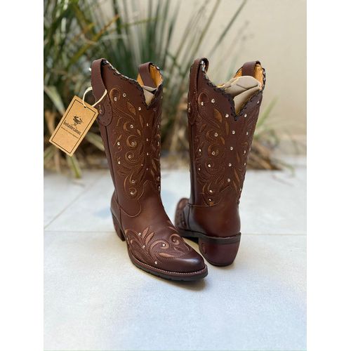BOTA TEXANA EM COURO BORDADO RAMOS MARROM BICO FIN... - Botas Texanas Bruto