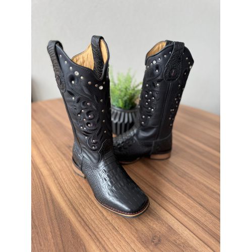 BOTA TEXANA EM COURO PRETO JACARE BORDADO ALL BLAC... - Botas Texanas Bruto
