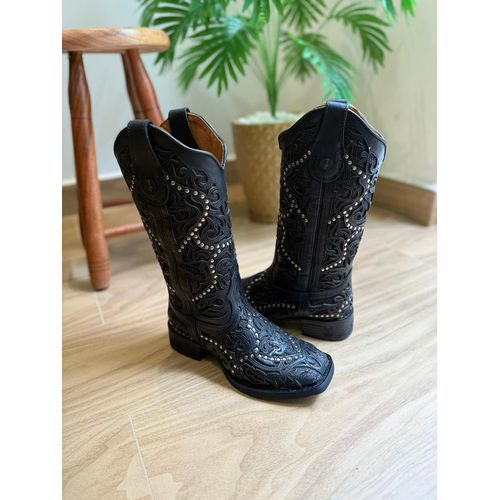BOTA TEXANA EM COURO PRETO ALL BLACK LASER CHEIO C... - Botas Texanas Bruto