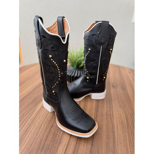BOTA TEXANA EM COURO LATEGO PRETO BORDADO TRIBAL E... - Botas Texanas Bruto