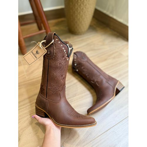 BOTA TEXANA EM COURO BORDADO RAMOS MARROM SOLADO B... - Botas Texanas Bruto