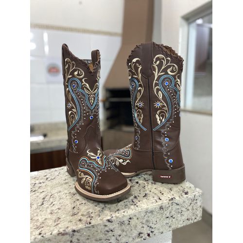 BOTA TEXANA EM COURO MARROM BORDADO TRIBAL DOURADO... - Botas Texanas Bruto