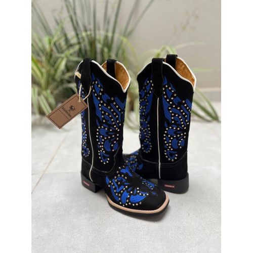 BOTA TEXANA EM COURO NOBUCK BORDADO AZUL + METAIS ... - Botas Texanas Bruto