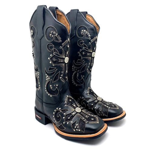 BOTA TEXANA EM COURO PRETO A LASER CRUZ GLITTER PR... - Botas Texanas Bruto