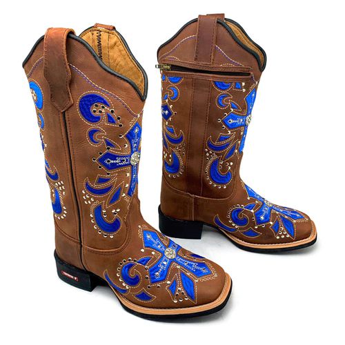 BOTA TEXANA EM COURO MARROM BORDADO AZUL + METAIS ... - Botas Texanas Bruto