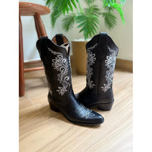 BOTA TEXANA EM COURO LÁTEGO PRETO BORDADO RAMOS BR... - Botas Texanas Bruto