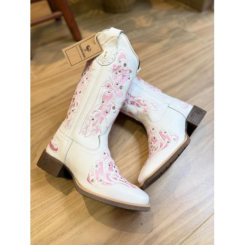 BOTA TEXANA EM COURO BRANCO BORDADO ROSA CLARO COM... - Botas Texanas Bruto