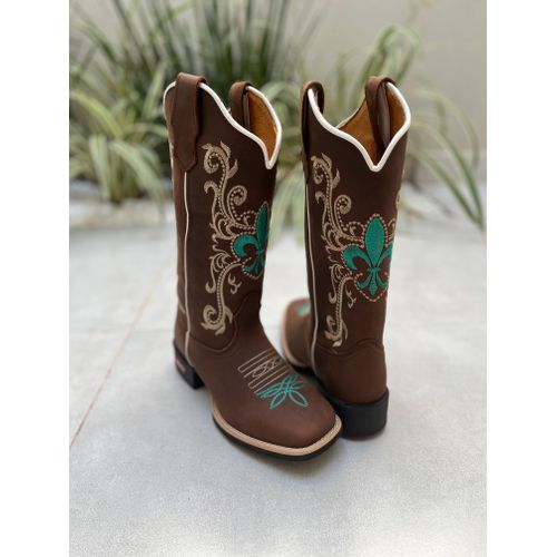BOTA TEXANA EM COURO MARROM BORDADOS DOURADO E VER... - Botas Texanas Bruto