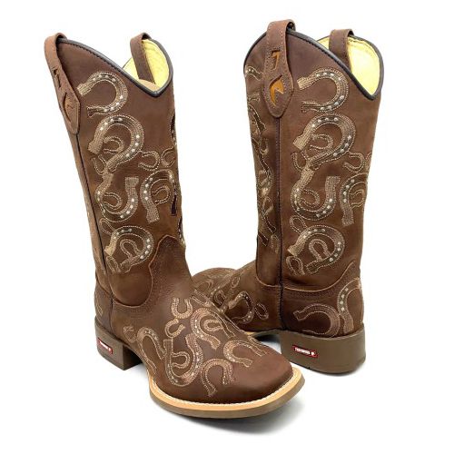 BOTA TEXANA EM COURO MARROM BORDADO FERRADURA - BT... - Botas Texanas Bruto