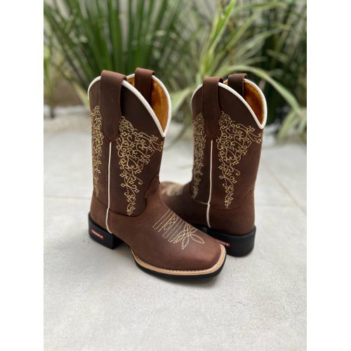 BOTA TEXANA KARINA EM COURO HORSE CAFÉ BORDADA CAN... - Botas Texanas Bruto