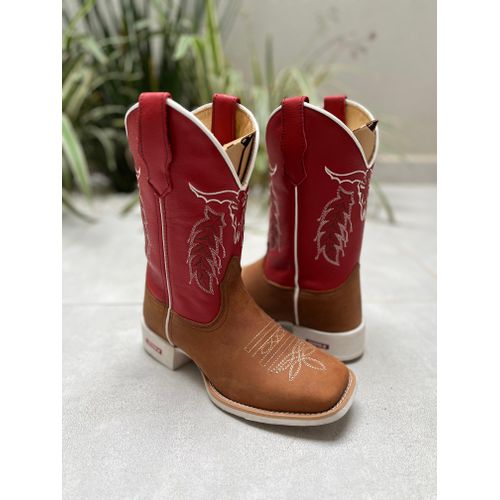 BOTA TEXANA EM COURO CARAMELO E VERMELHO BORDADO E... - Botas Texanas Bruto