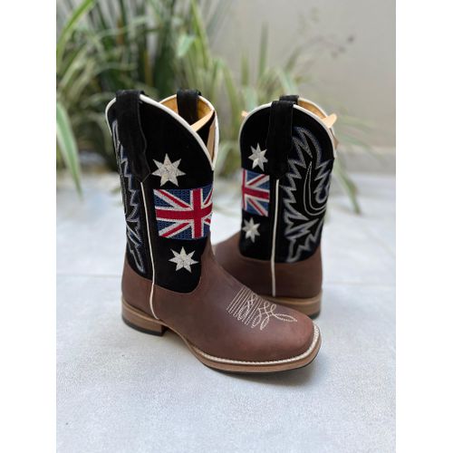 BOTA TEXANA EM COURO MARROM E PRETO BORDADO BANDEI... - Botas Texanas Bruto