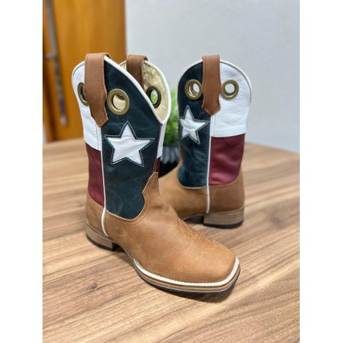 BOTA TEXANA EM COURO MARROM CARAMELO E ESTAMPA EST... - Botas Texanas Bruto