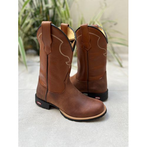 BOTA TEXANA EM COURO MARROM BORDADO BEGE BICO REDO... - Botas Texanas Bruto