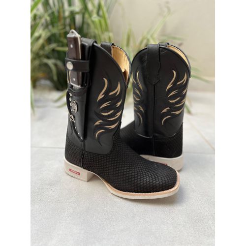 KIT TEXANA EM COURO ESTILIZADO PRETO BORDADO BEGE ... - Botas Texanas Bruto