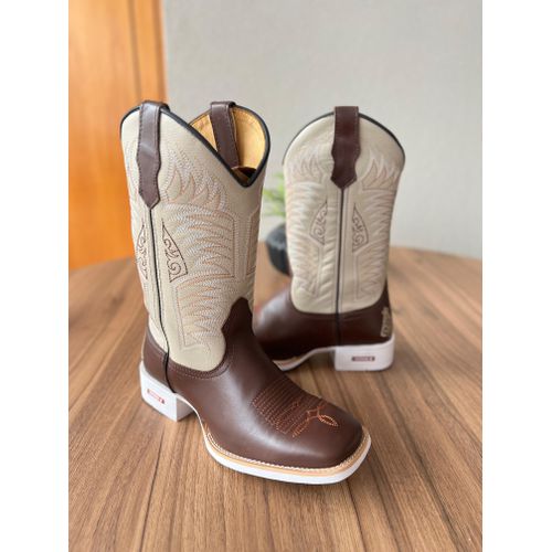 BOTA TEXANA EM COURO OFF WHITE E MARROM BORDADO LI... - Botas Texanas Bruto