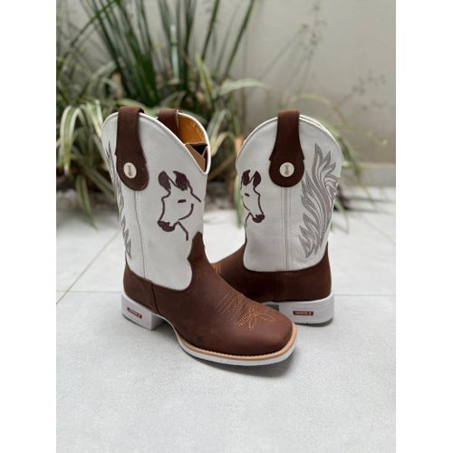 BOTA TEXANA EM COURO MARROM E BRANCO BORDADO MULAS... - Botas Texanas Bruto