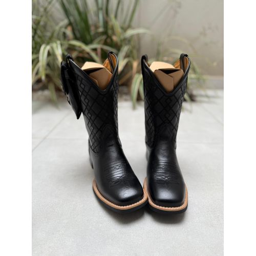 BOTA TEXANA EM COURO PRETO BORDADO QUADRICULADO + ... - Botas Texanas Bruto