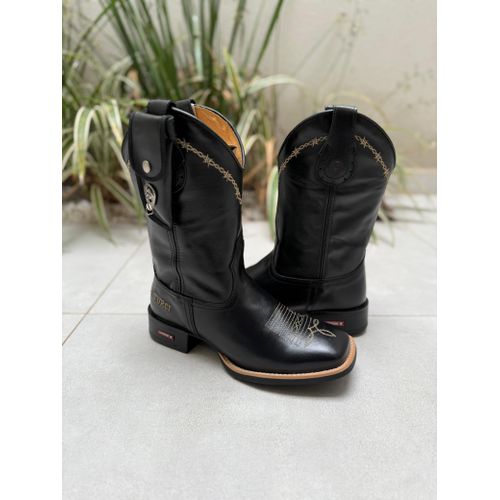 BOTA TEXANA EM COURO PRETO BORDADO ARAME BEGE + BA... - Botas Texanas Bruto
