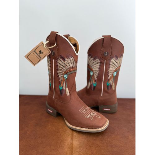 BOTA TEXANA EM COURO MARROM BORDADO INDIO CANO PEA... - Botas Texanas Bruto