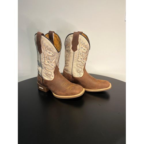 BOTA TEXANA EM COURO CANO OFF WHITE E MARROM BORDA... - Botas Texanas Bruto