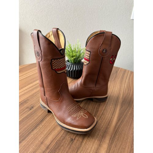 BOTA TEXANA EM COURO MUSTANG BORDADO BANDEIRA E US... - Botas Texanas Bruto