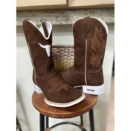 BOTA TEXANA EM COURO NOBUCK CAFÉ RECORTE TOURO + B... - Botas Texanas Bruto