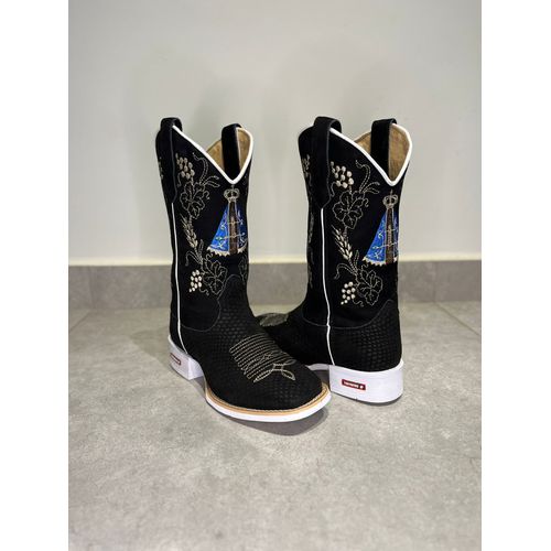 BOTA TEXANA EM COURO PRETO BORDADO NOSSA SENHORA -... - Botas Texanas Bruto