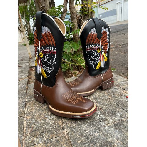 BOTA TEXANA EM COURO BORDADO ÍNDIO SOLADO JUMP - B... - Botas Texanas Bruto