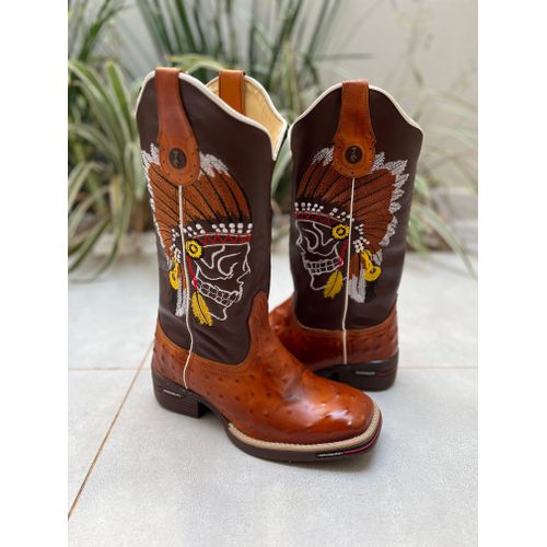 BOTA TEXANA EM COURO IMITAÇÃO AVESTRUZ BORDADO ÍND... - Botas Texanas Bruto