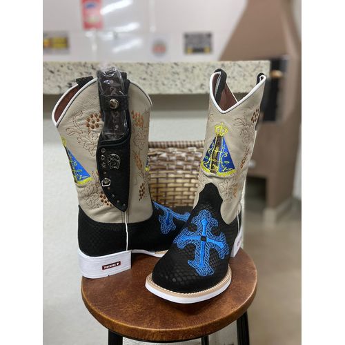 KIT TEXANA EM COURO BORDADO NOSSA SENHORA E CRUZ +... - Botas Texanas Bruto