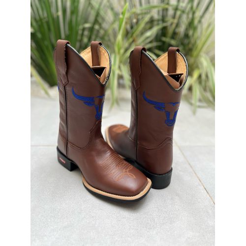 BOTA TEXANA EM COURO BORDADO TOURO AZUL - BTM72 - Botas Texanas Bruto