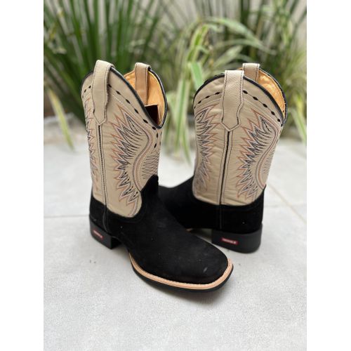 BOTA TEXANA EM COURO PRETO E OFF WHITE BORDADA - B... - Botas Texanas Bruto