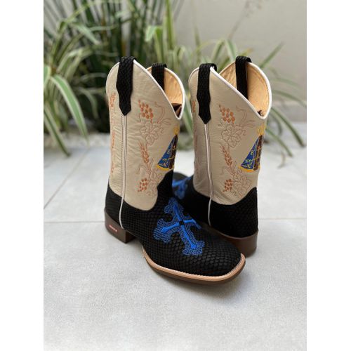 BOTA TEXANA EM COURO PRETO E OFF WHITE BORDADO NOS... - Botas Texanas Bruto
