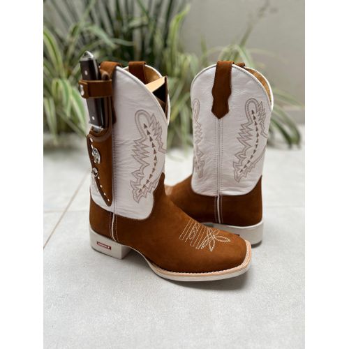 KIT TEXANA EM COURO NOBUCK CASTOR E BRANCO + SOLAD... - Botas Texanas Bruto