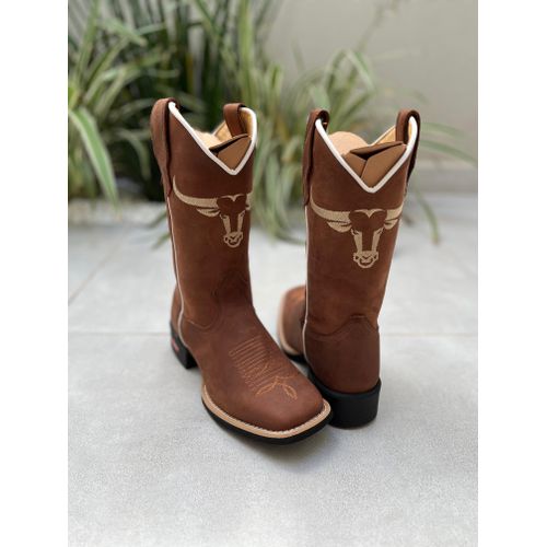 BOTA TEXANA EM COURO MARROM BORDADO TOURO BEGE - b... - Botas Texanas Bruto