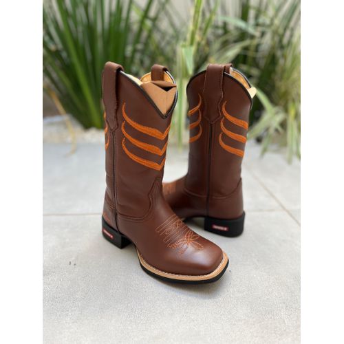BOTA TEXANA EM COURO MARROM BORDADO LARANJA - btm... - Botas Texanas Bruto