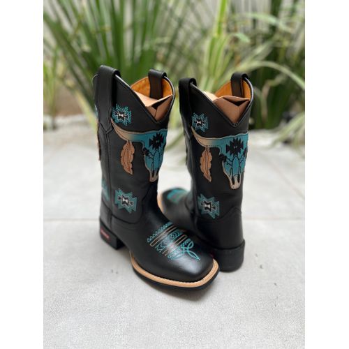 BOTA TEXANA EM COURO PRETO BORDADO TOURO AZUL - b... - Botas Texanas Bruto