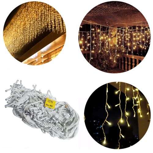 Cascata Led Natal 400 Leds Fixo Branco Quente Fio Branco 127v