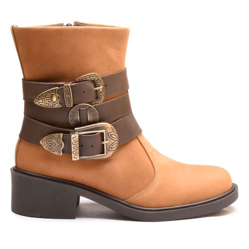 Bota Vintage Ankle Boot Couro Cano Médio Bico Redondo Caramelo - 5606ACARAMELO - Loja Burke