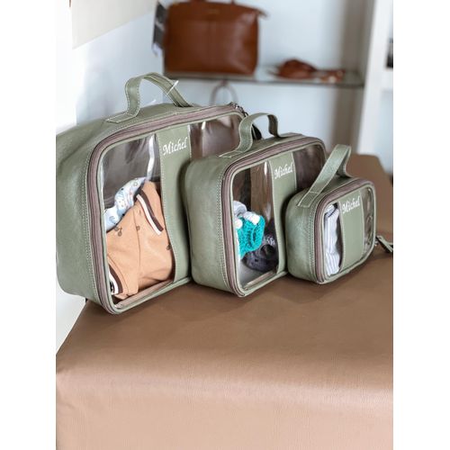 Kit 3 Necessaires em Couro Verde Sálvia Vinil Tran... - Donna Clô
