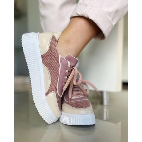 Tênis Couro Plataforma Casual Leve Cores Rose/Nude/Bege 