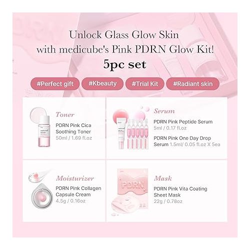  Kit medicube Salmon DNA PDRN Trial Kit,Glass Glow Mini Skincare Set with Toner, Serum & Sheet Mask for Hydrating, Firming, Moisturizing,Gift & Travel Essentials for Women & Girls