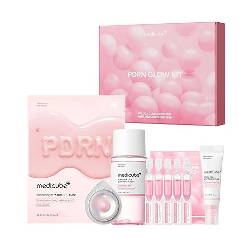  Kit medicube Salmon DNA PDRN Trial Kit,Glass Glow Mini Skincare Set with Toner, Serum & Sheet Mask for Hydrating, Firming, Moisturizing,Gift & Travel Essentials for Women & Girls
