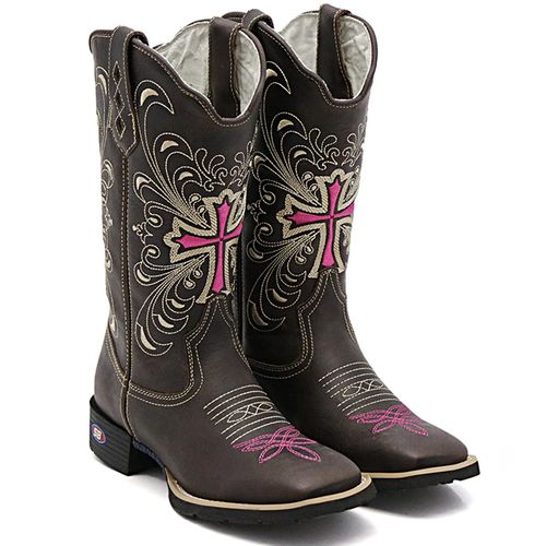 Bota Texana Feminina Cruz Rosa Cano Longo - Sistema Bruto | Botas Texanas em couro
