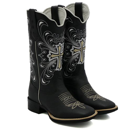 Bota Feminina Texana Country Preta Bordado Cruz - Sistema Bruto | Botas Texanas em couro